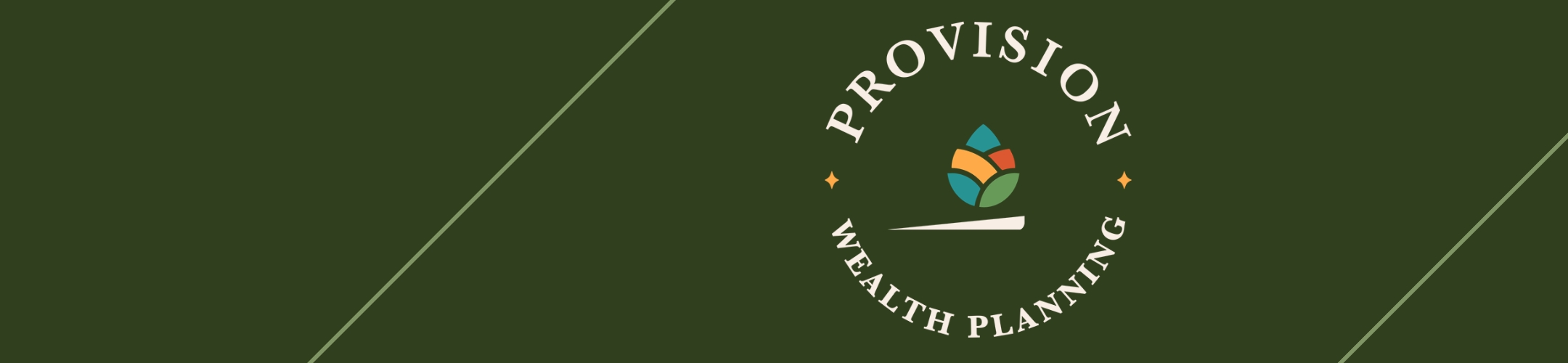 A dark green background with the logo for Provision Wealth Planning, featuring a stylized leaf emblem and the company name in white text arranged in a circular pattern around the logo.