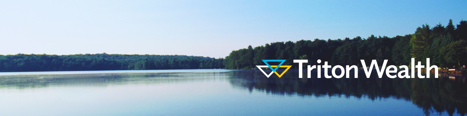 A calm lake bordered by dense green trees under a clear sky, with the Triton Wealth logo and name displayed prominently on the right side.