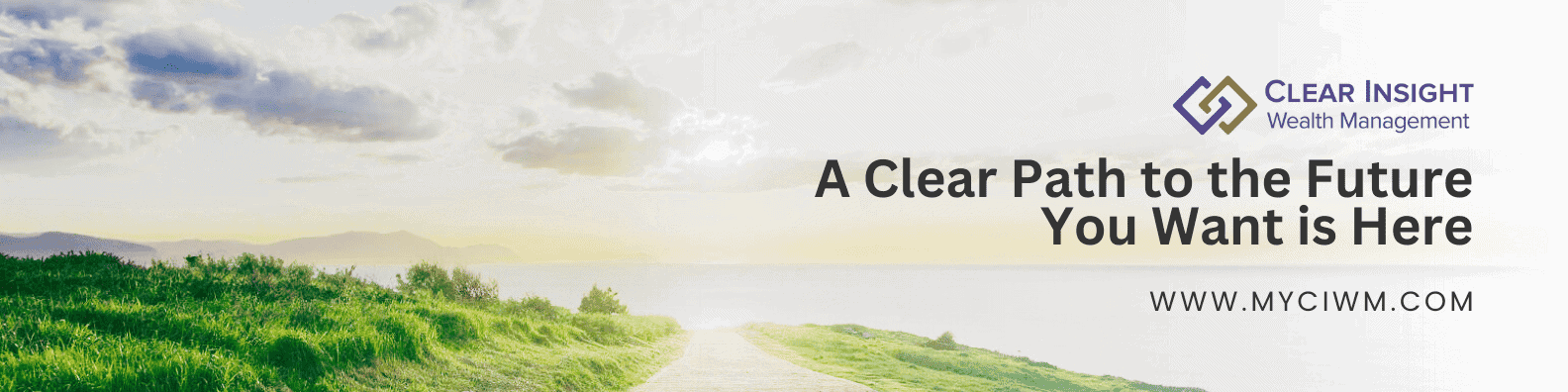 A sunlit dirt path winds through green grass toward distant hills under a cloudy sky. Text reads: 
