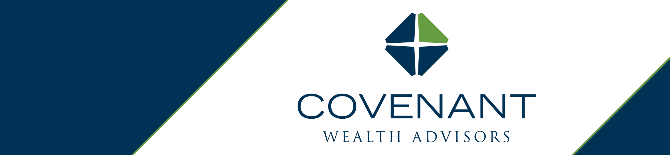 Logo for Covenant Wealth Advisors featuring a geometric blue and green icon above the company name, with blue and white diagonal background sections.
