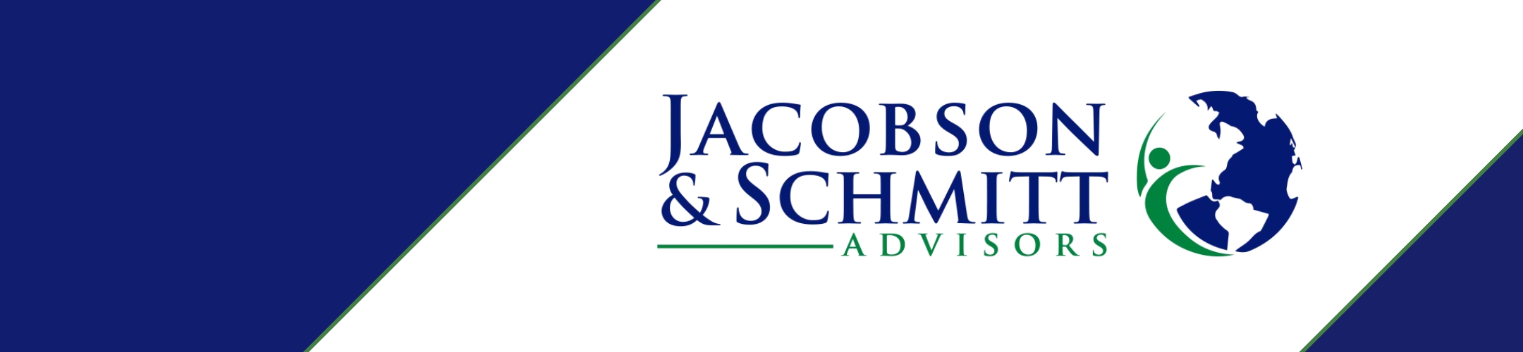 Logo for Jacobson & Schmitt Advisors. The text is beside a graphic of a stylized person reaching up in front of a globe, with a navy blue and white diagonal background.