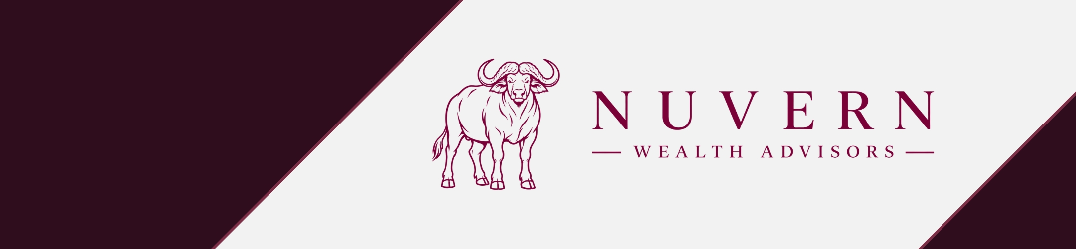 Logo for Nuvern Wealth Advisors features a maroon illustration of a bull alongside the company name in maroon text on a white and maroon diagonal split background.