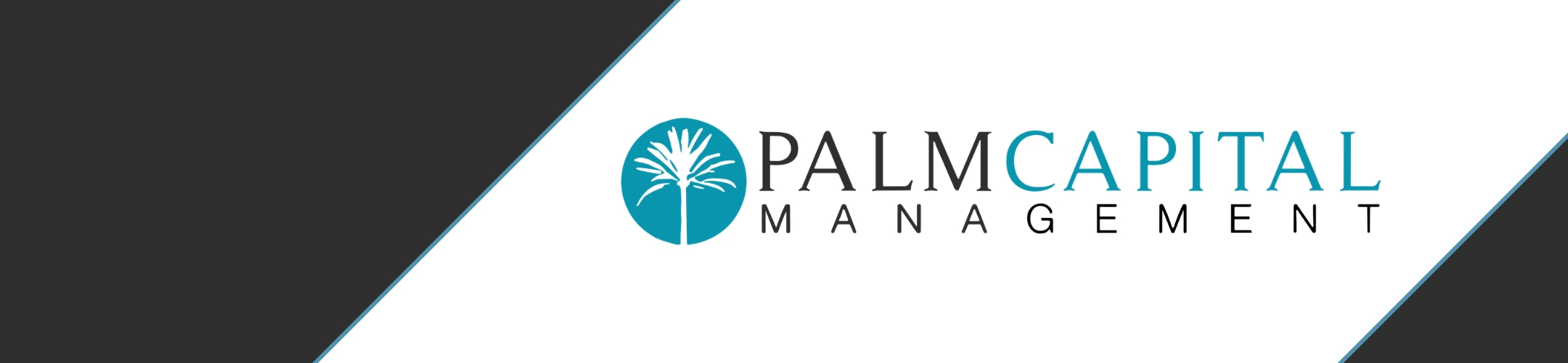 Logo for Palm Capital Management featuring a teal palm tree icon and the company name in black and teal text, set against a white background with black diagonal borders.