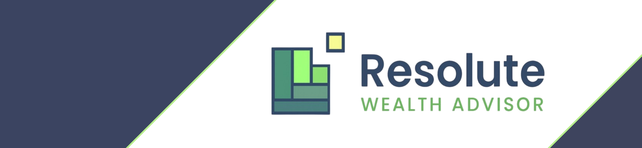 Logo for Resolute Wealth Advisor with geometric green and yellow shapes on the left and the company name in blue and green text on a white and navy diagonal background.