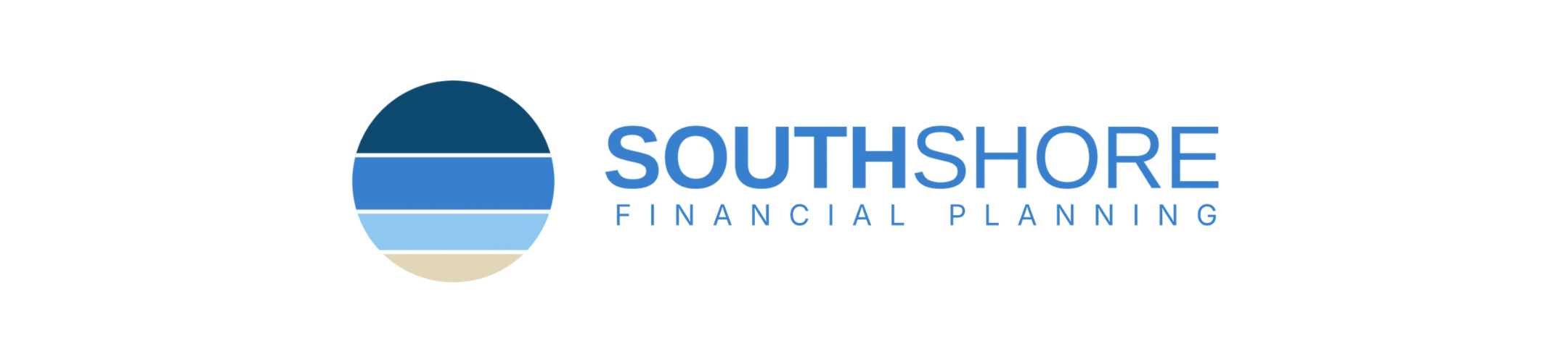 Logo for Southshore Financial Planning featuring a circular icon with horizontal blue and beige stripes resembling a horizon, next to the text “SOUTHSHORE FINANCIAL PLANNING” in blue capital letters.
