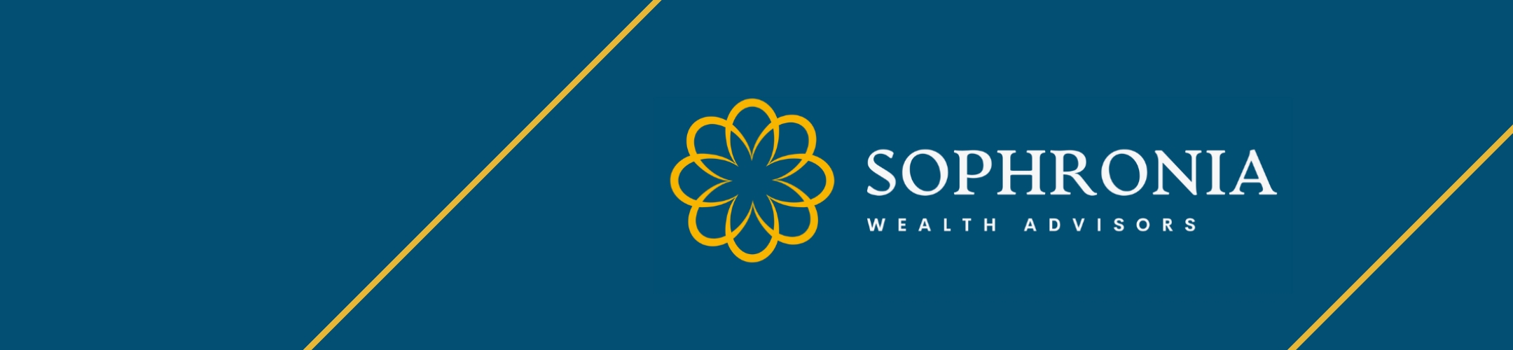 Sophronia Wealth Advisors logo on a blue background with gold lines and a gold geometric flower symbol next to the company name in white text.