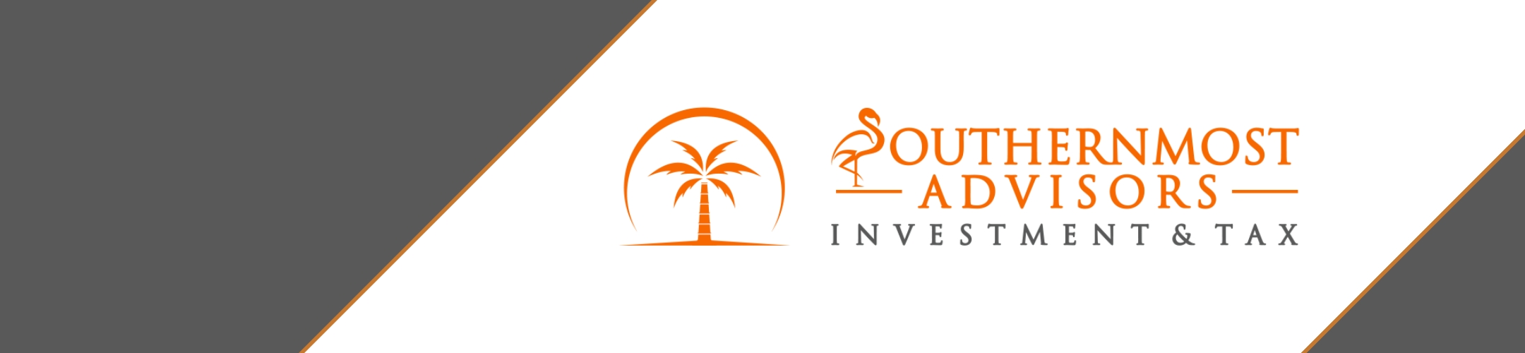 Logo for Southernmost Advisors Investment & Tax, featuring an orange palm tree icon and orange text on a white background with diagonal gray and orange borders.
