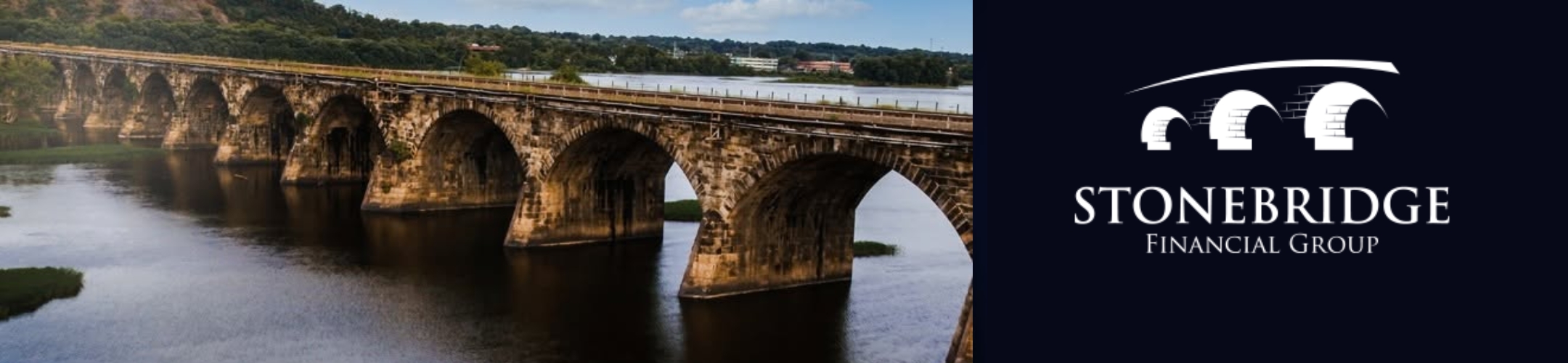 A stone bridge crosses a river surrounded by greenery under a partly cloudy sky. Next to the image is the Stonebridge Financial Group logo with a stylized bridge graphic.