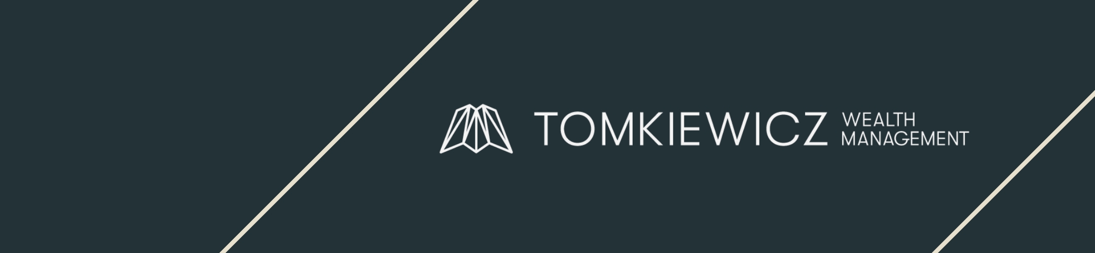 Dark blue banner with diagonal white lines, featuring a minimalist book or mountain logo and the text 