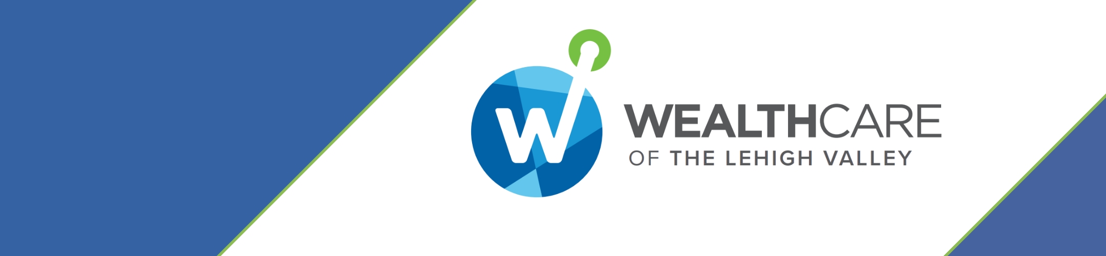 Logo for WealthCare of the Lehigh Valley with a blue geometric circle containing a white 