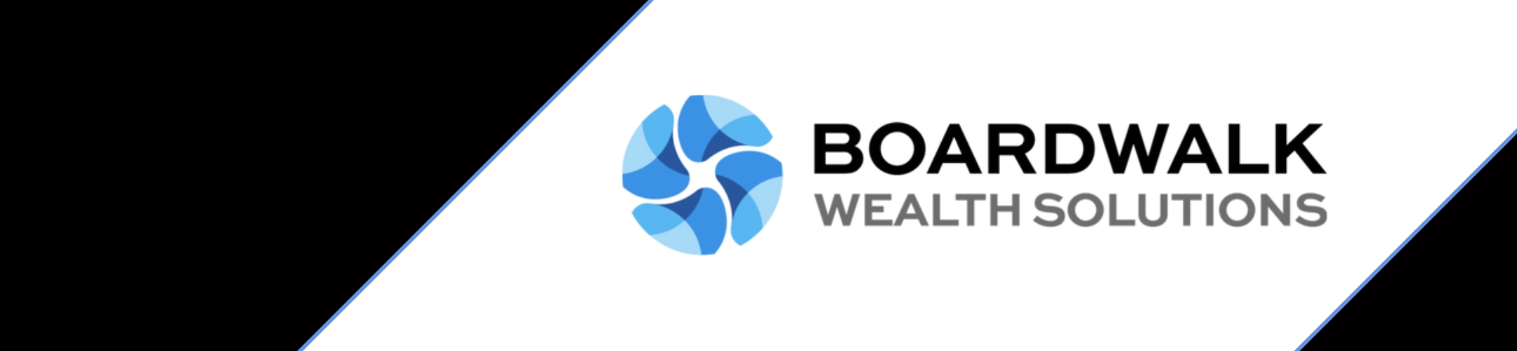 Boardwalk Wealth Solutions logo with blue geometric swirl on a white background, black diagonal section on the left, and the company name in bold black and gray text to the right of the logo.