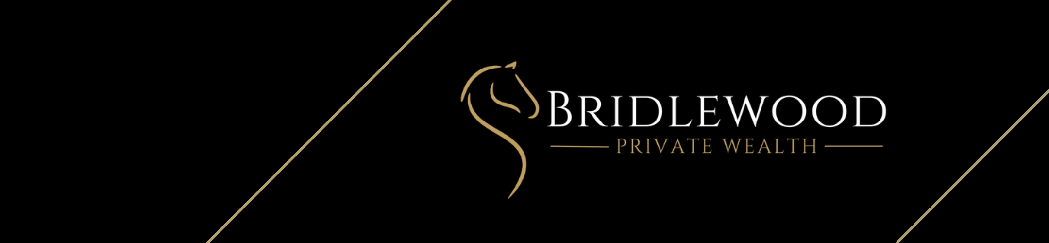 Bridlewood Private Wealth logo with a gold horse outline and diagonal gold lines on a black background.