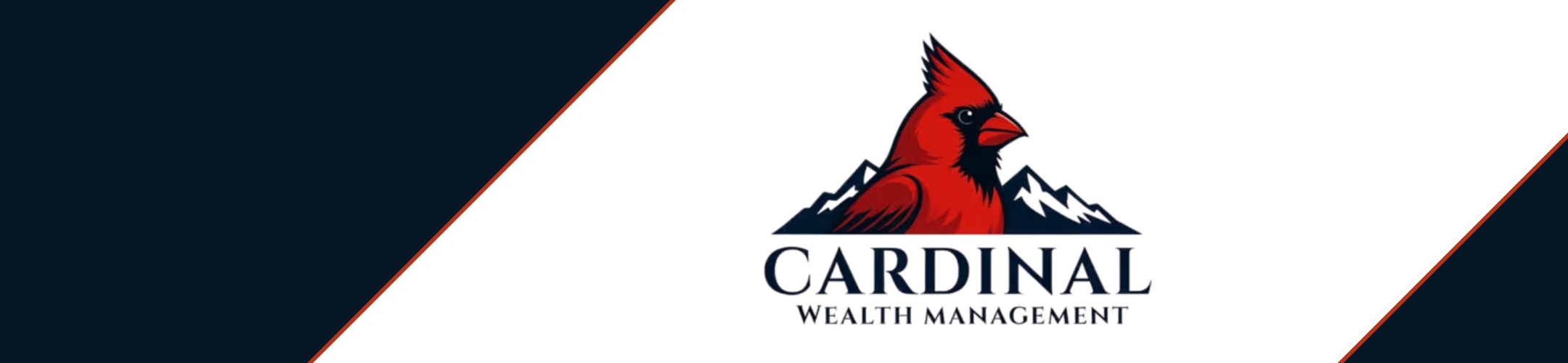 Logo for Cardinal Wealth Management featuring an illustrated red cardinal bird in front of blue mountains, with the company name written below. The design has navy blue and white diagonal sections.