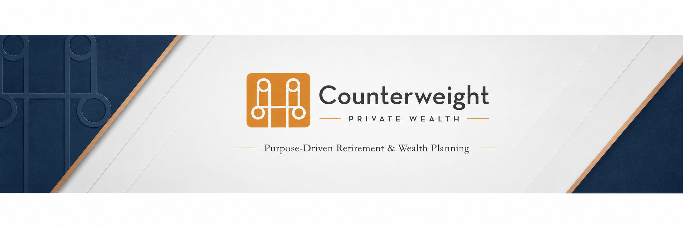 Counterweight Private Wealth logo with geometric design, gold and navy accents, and the tagline 