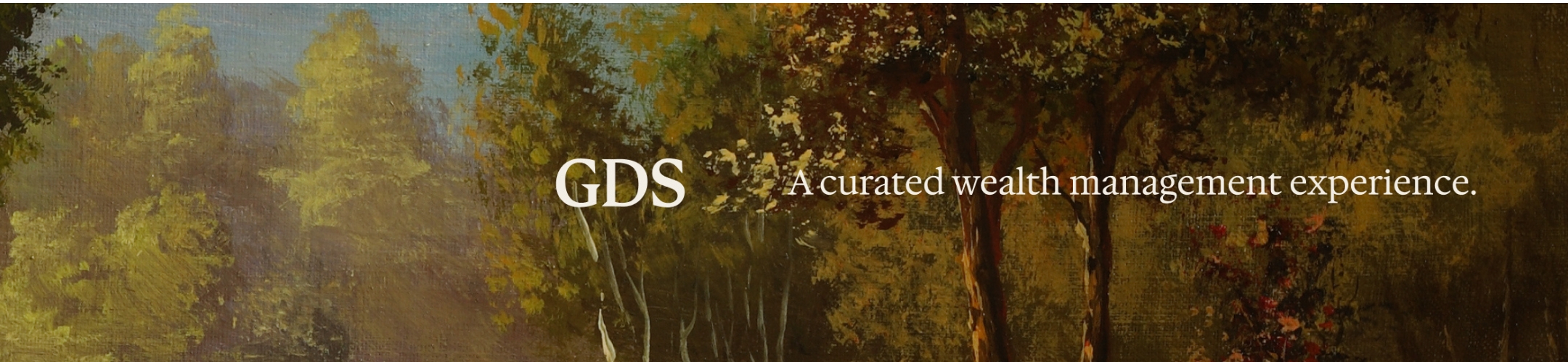 A landscape painting with trees and sunlight, featuring the text 