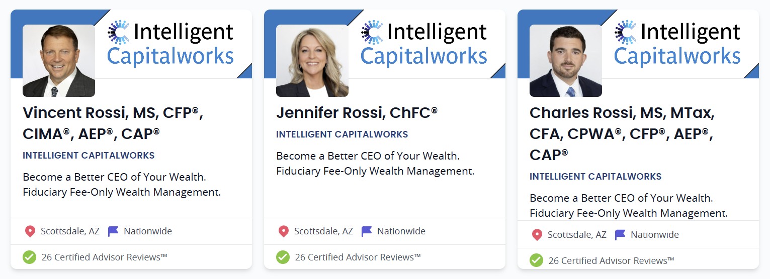 Three Intelligent Capitalworks advisor profile cards on Wealthtender, each displaying the same count of 26 Certified Advisor Reviews