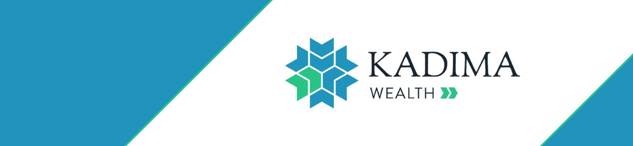 Kadima Wealth logo with a blue and green geometric star design on a white background, flanked by blue sections on the sides.