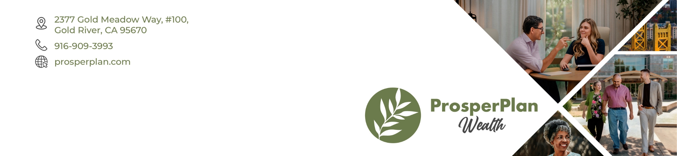 Business banner for ProsperPlan Wealth with a logo, contact info, and three images showing people talking, using a laptop, and walking outside; white background with green accents.