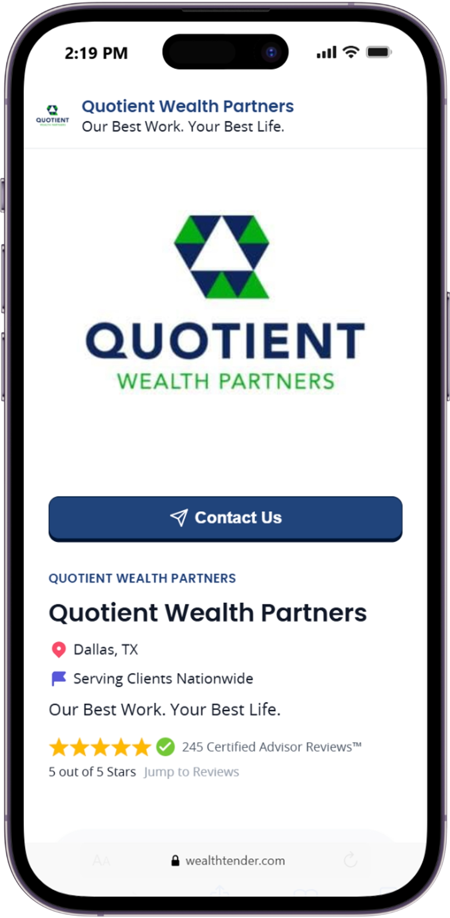 Quotient Wealth Partners firm profile on a mobile phone showing a 5 out of 5 star rating with 245 Certified Advisor Reviews