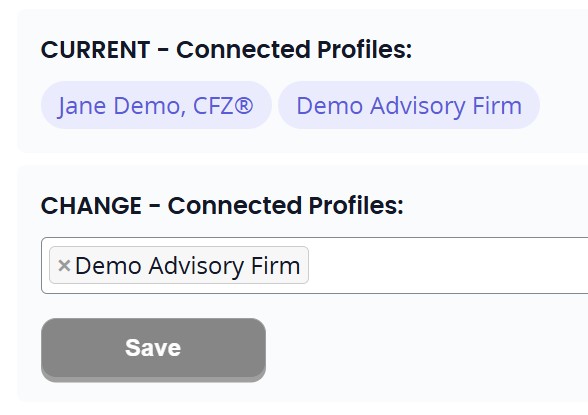 Wealthtender administration screen showing connected profiles for a review, where a firm selects which advisor and firm profiles display it