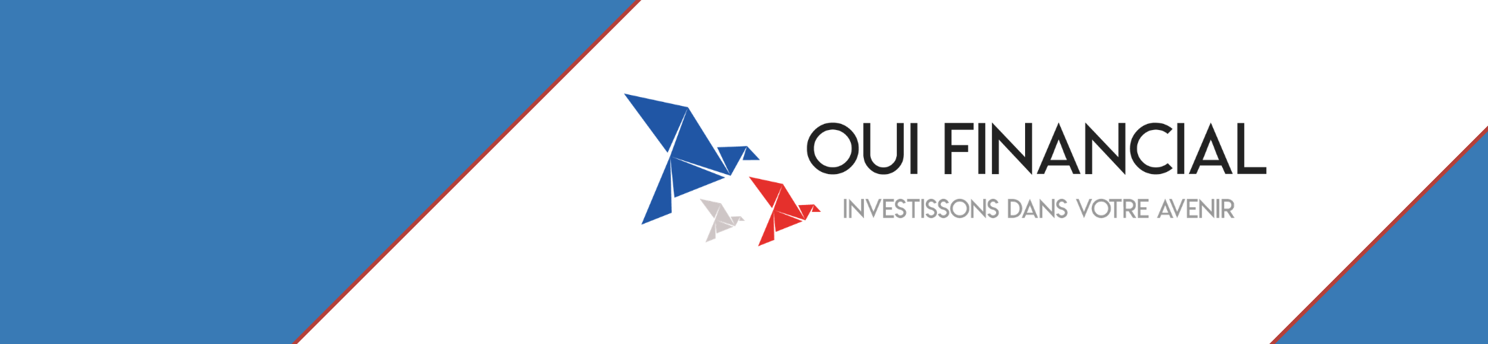 Oui Financial logo with three origami birds in blue, red, and gray. The text 