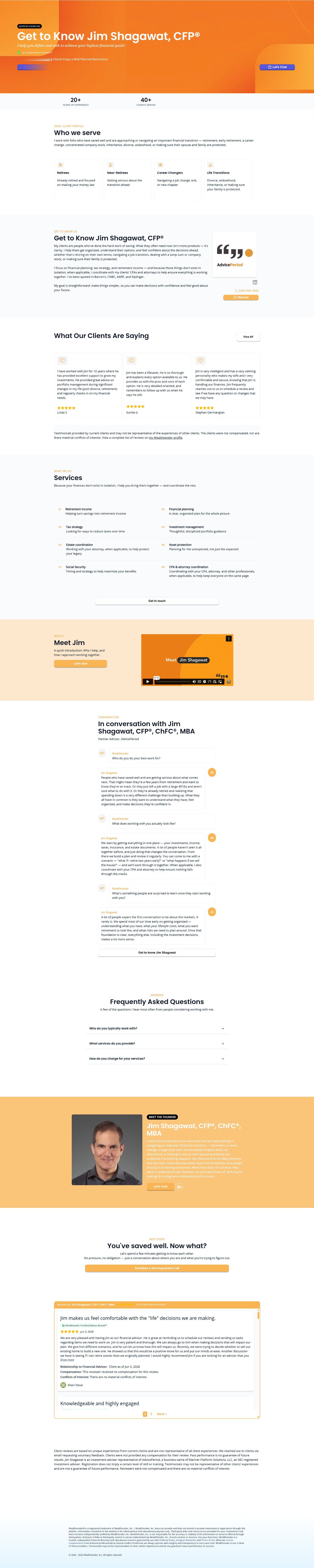 Full-page view of Jim Shagawat's Firm Focus page on Wealthtender, showing his story, verified client reviews, an editorial Q&A, and an AI-optimized FAQ